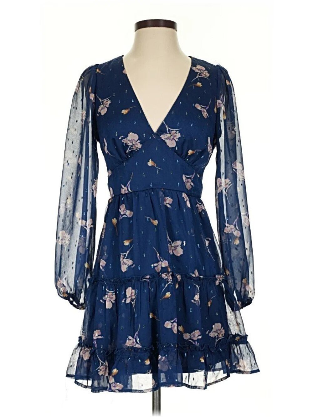 Lush Floral Metallic Dot Long Sleeve Dress in Navy Floral at Nordstrom Rack, Size Small